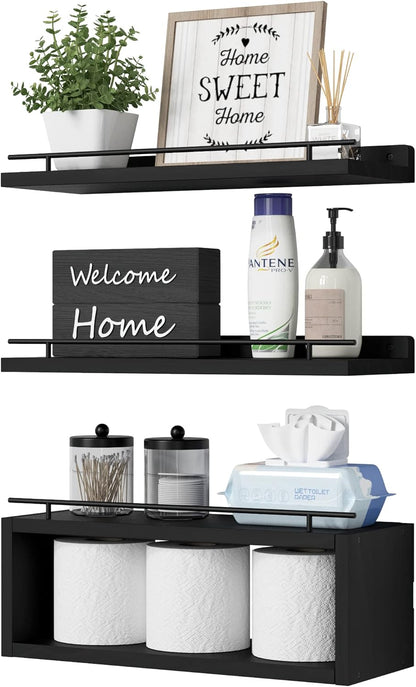 Floating Shelves for Wall with Cube Shelf, Wall Shelves with Metal Rail for Bathroom Decor, Bathroom Organizers and Storage, over Toilet Shelves for Toilet Paper-Black1