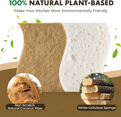 12 Pack Natural Biodegradable Kitchen Non Scratch Sponges,Compostable Plant Based Coconut Cellulose Sponge,Eco Friendly Reusable Dish Scrubber Sponge for Pots, Pans & Household Cleaning2