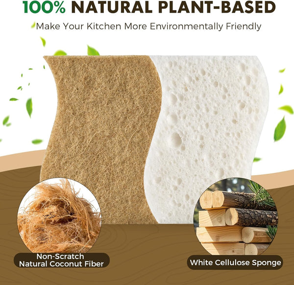 12 Pack Natural Biodegradable Kitchen Non Scratch Sponges,Compostable Plant Based Coconut Cellulose Sponge,Eco Friendly Reusable Dish Scrubber Sponge for Pots, Pans & Household Cleaning2