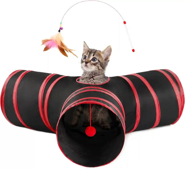 Love’S Cabin Cat Tunnel for Indoor Cats, 3-Way Collapsible Play Tunnel with Teaser Wand, Peek Holes & Toy Ball, Small Pet Toy for Kittens & Rabbits, Black & Blue, Small Size19