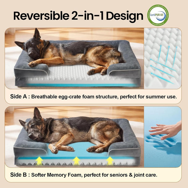 Ohgeni Orthopedic Extra Large Dog Bed Couch, Memory Foam, 44-Inch (Gray) | Waterproof Pet Bed with Machine-Washable Removable Cover & Soft Comfortable Fabric2