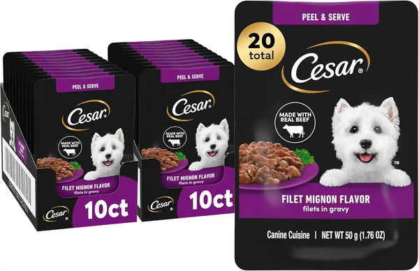 Cesar Mini-Pouch Wet Dog Food, Filet Variety Pack, 1.76 Oz, 40 Count | 3 Flavors: Rotisserie Chicken, Filet Mignon, Wood-Grilled Chicken, Real Chicken or Beef, Easy Peel-And-Serve, Protein-Packed12