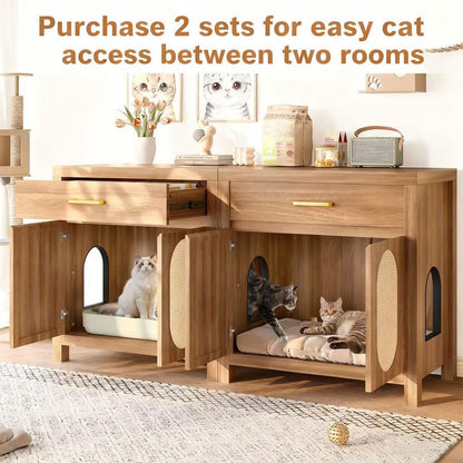 Cat Litter Box Enclosure Furniture, Hidden Litter Box Cabinet Cat House Side Table with Drawer & Sisal Scratch Pads, Wooden Pet Furniture for Living Room, Bedroom,Brown4