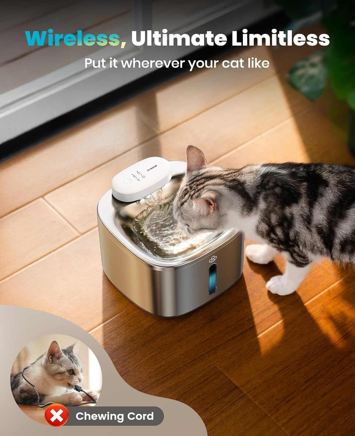 oneisall-wireless-cat-water-fountain-3-5l-118oz-battery-operated-pet-drinking-fountain-stainless-steel-running-water-dispenser-fountains-for-cats-cordless-rechargeable-with-motion-sensorhale-3-5l