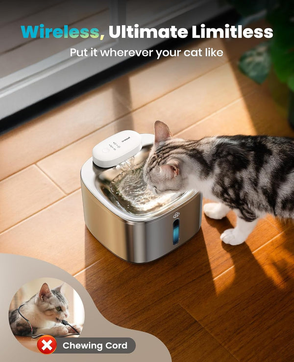 Oneisall Wireless Cat Water Fountain, 3.5L/118Oz Battery Operated Pet Drinking Fountain Stainless Steel, Running Water Dispenser Fountains for Cats, Cordless&Rechargeable with Motion Sensor(Hale 3.5L)2