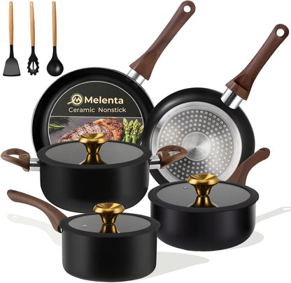 Pots and Pans Set Non Stick, 11Pcs Black Ceramic Cookware Set | Compact Nonstick Cooking Set, Starter Pots and Pans, Induction Cookware, Easy to Clean, Non-Toxic, PFOA & PFAS Free1