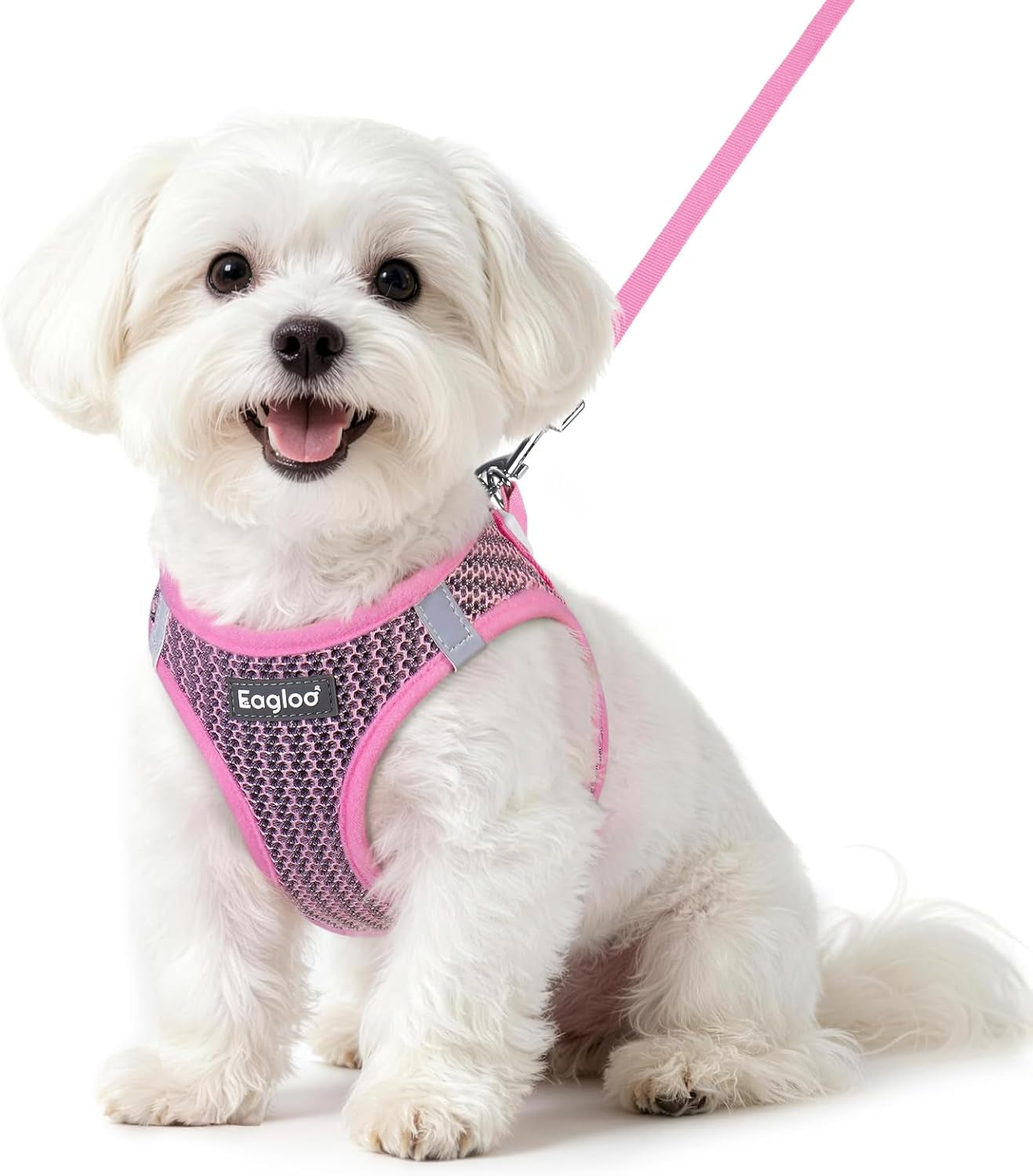 eagloo-small-dog-harness-and-leash-set-step-in-small-sized-puppy-pet-vest-light-soft-breathable-air-mesh-easy-on-and-off-with-hook-loop-reflective-for-safe-walking-pink-s