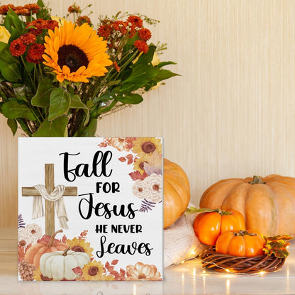 Fall Decor Religious Cross Pumpkins Decorations Fall for Jesus He Never Leaves Wooden Sign Rustic Home Decor 5 X 5 Inches5