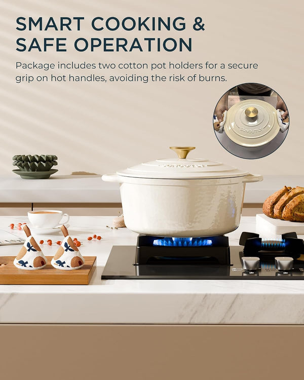 Enameled Cast Iron Dutch Oven - 6QT Pot with Lid & Cotton Potholders - Heavy-Duty Cookware for Braising, Stews, Roasting, Bread Baking, Oven Safe up to 500° F & across All Cooktops, Cream White7