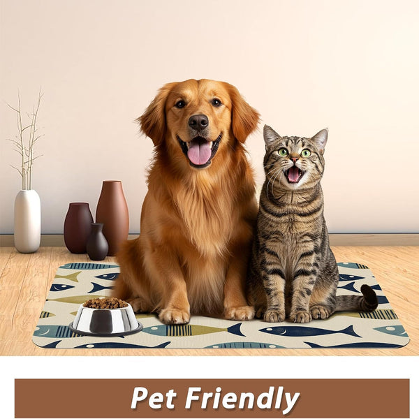 Fish Boho Dog Food Mat for Floors,Ocean Absorbent Quick-Dry Pet Feeding Mat,Cat Dog Bowl Mats for Food and Water,Non-Slip Pet Accessories Supplies 12"X20"6