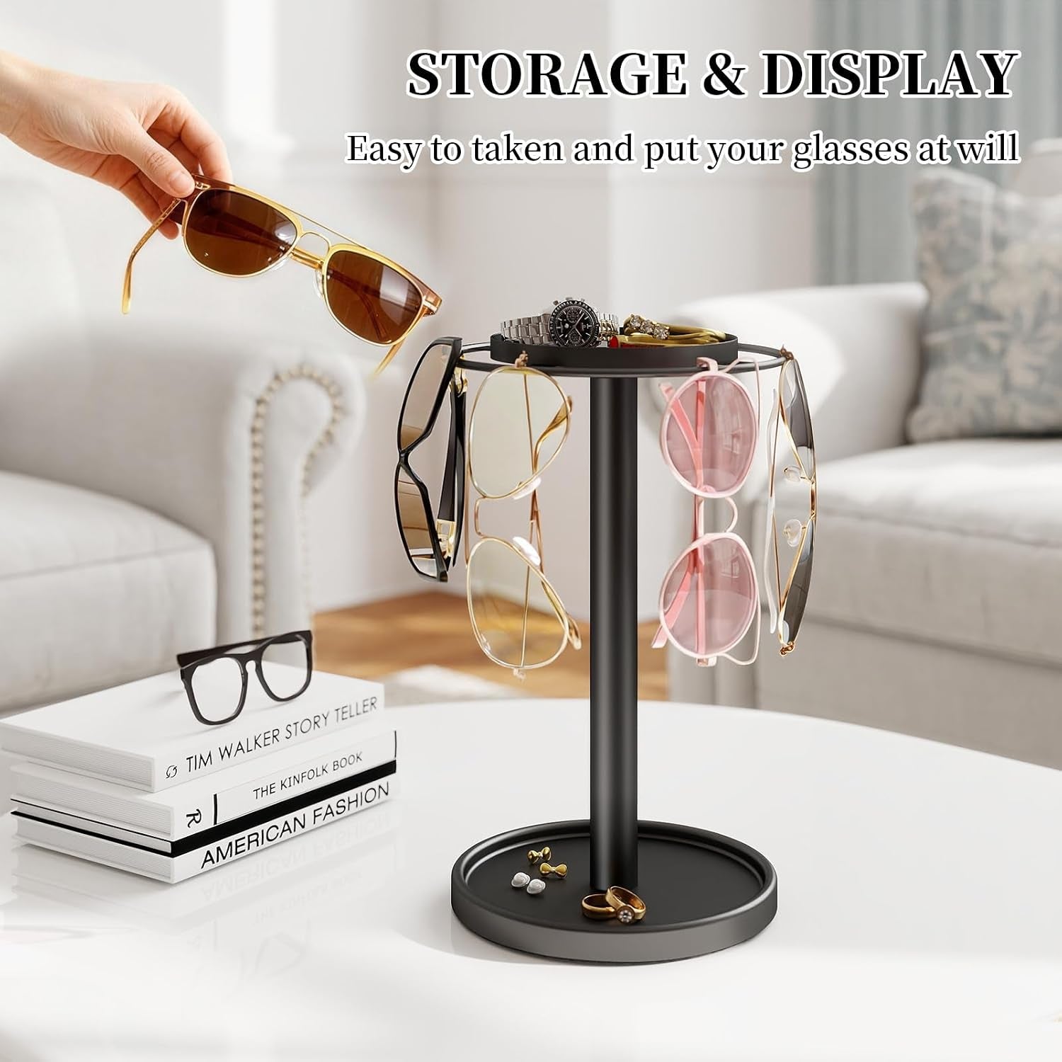 360-rotating-sunglasses-organizer-glasses-holder-with-organizer-tray-stainless-steel-eyeglasses-holder-with-storage-base-for-dresser-desk-table-nightstand-home-decor-black
