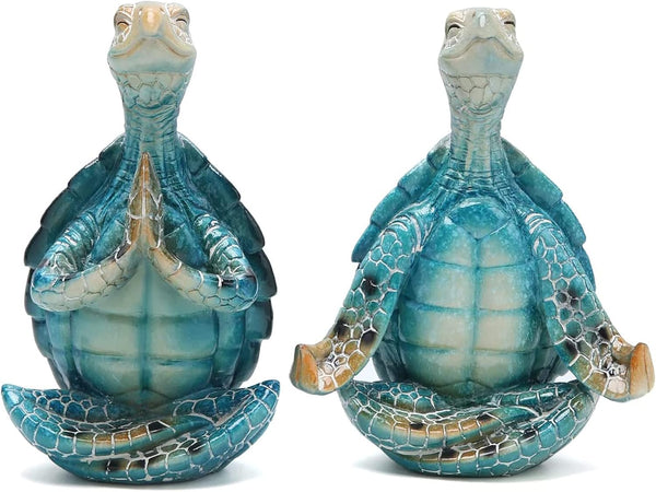 Meditating Sea Turtle Statues Yoga Zen 2Pcs Resin Beach Home Decor1