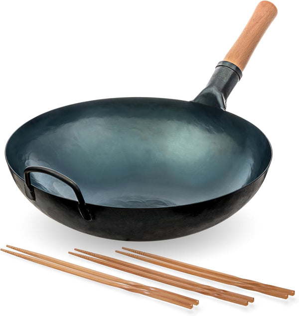 Blue round Bottom Wok Pan – 14" Woks and Stir Fry Pans + Reusable Natural Wooden Long Cooking Chopsticks Set of 3 Pairs: 11.8 Inch, 13-Inch, 14.2 Inch1
