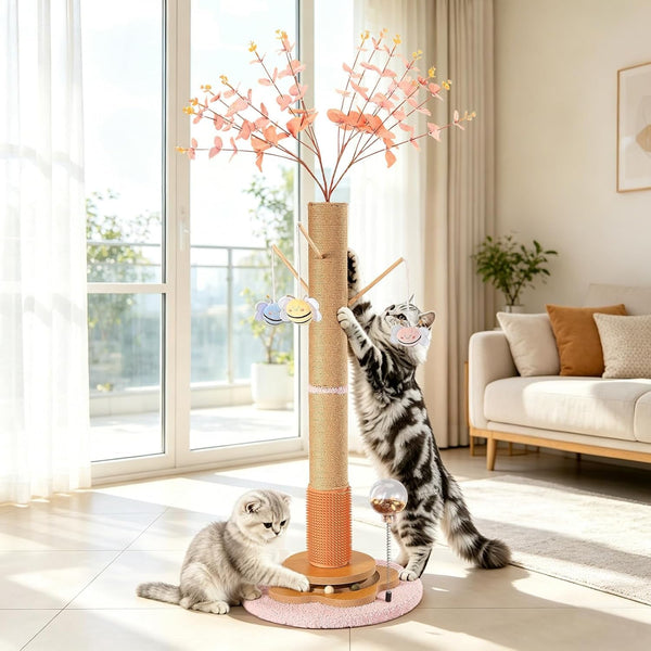 45" Tall Cat Scratching Post for Large Cats Adults | Grooming Brush, Track Ball, Spring Feeder & 3 Bee Toys, Sisal Rope Large Cat Scratcher Tree with Leaves for Indoor Cats, Pink1