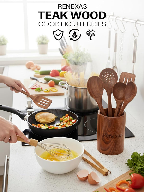 Kitchen Utensils Set, 12 Piece Teak Wooden Utensil Set for Cooking, Premium Teak Cooking Utensils, Non Toxic Wooden Spoons & Spatulas, Heat Resistant Kitchen Tools for Nonstick Cookware2