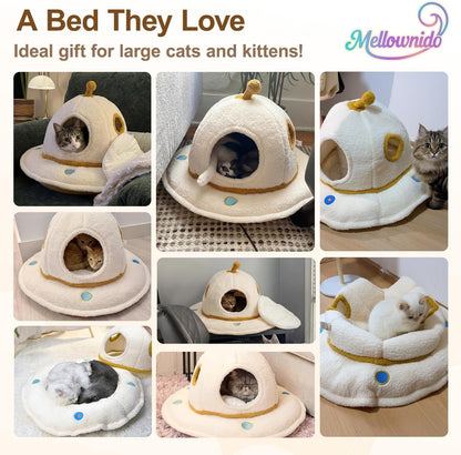 Cat House for Indoor Cats - 2 in 1 UFO Large Cat Bed Cave | Soft Sherpa Fabric, Calming Cozy Hideaway, Removable & Washable Cushion, Spacious for Multi-Cat Families (Up to 25 Lbs)3