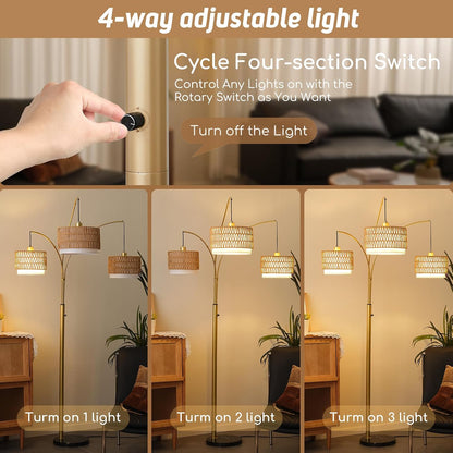 80'' Gold Rattan Arc Floor Lamp for Living Room, 3-Light Boho Tree Lamp | Heavy Natural Marble Base, 1/2/3-Light Rotary Switch,Double-Layer Wicker/Fabric Shades for Reading Corners,8 Ft+ Ceilings2