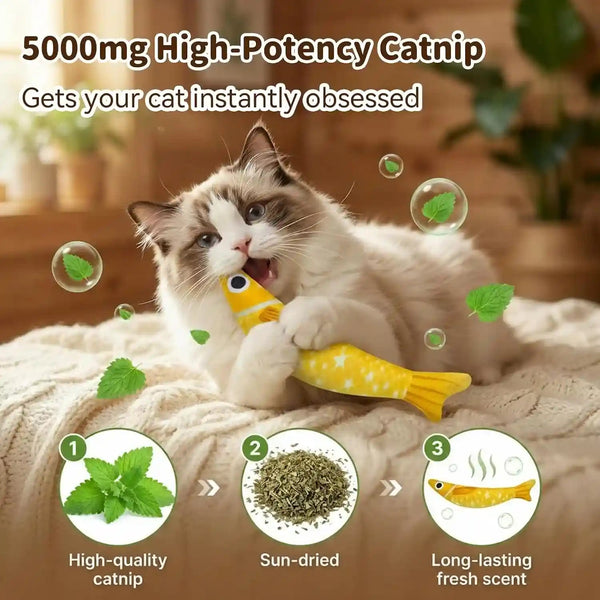 Cat Toys for Indoor Cats, Fish-Shaped Pillow, 2 Pack Yellow + Purple | 5000Mg A+Natural Catnip & Bell, Interactive Soft Chew Kicker, for Indoor Cats & Kittens, Crinkle & Bell Fish Sound Toy2