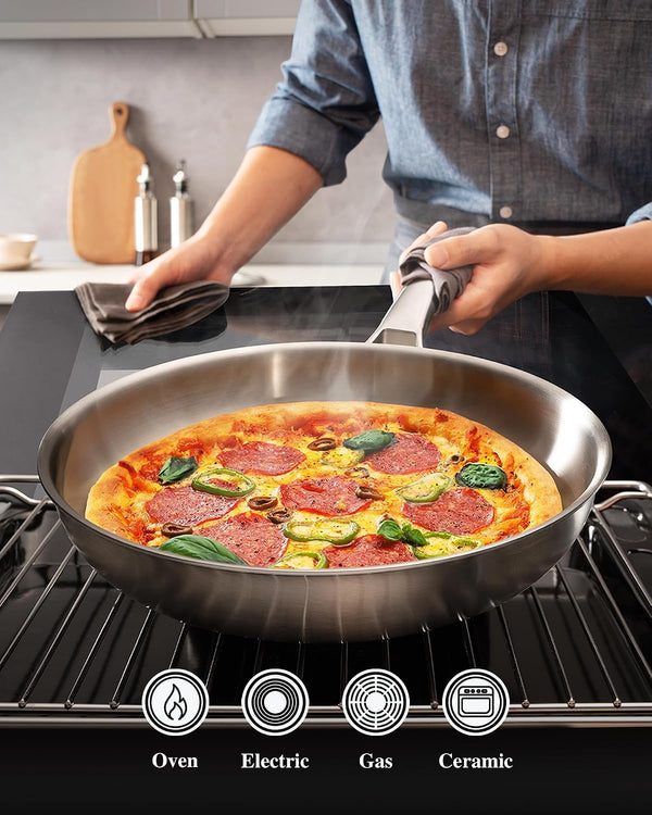 Stainless Steel Pan, 12 Inch with Lid Stainless Steel Frying Pan, Non Toxic Tri-Ply Skillet, PFOA&PTFE Free, Oven and Dishwasher Safe, Induction Compatible3