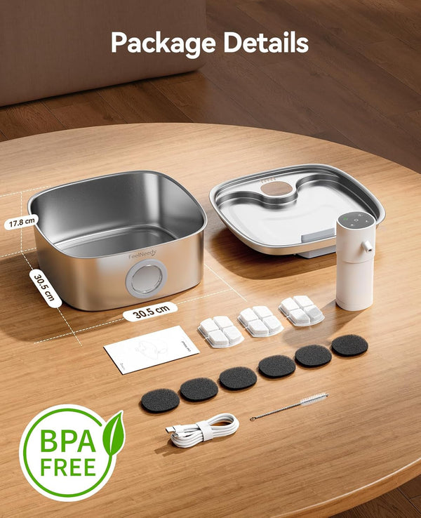 Cordless Wider Tray Dog Water Fountain, 5000Mah Battery Operated Dog Water Bowl Dispenser with 3 Motion Sensor, FEELNEEDY Stainless Steel Pet Water Fountain for Multi-Pets, Easy Setup & Clean, 8L9