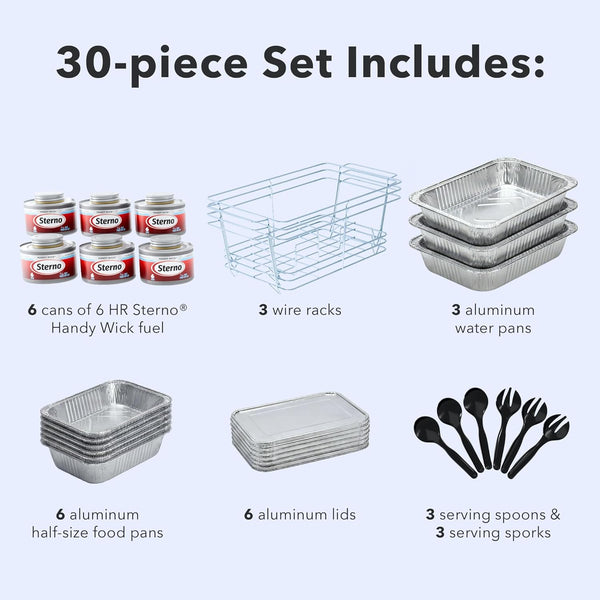 Disposable Chafing Dish Buffet Set with 6-Hour Fuel, 30 Piece | 3 Full-Size Buffet Setups with 6 Fuel Cans, 3 Water Pans, 6 Half-Size Food Pans, 6 Lids, 3 Wire Racks, and Serving Utensils4