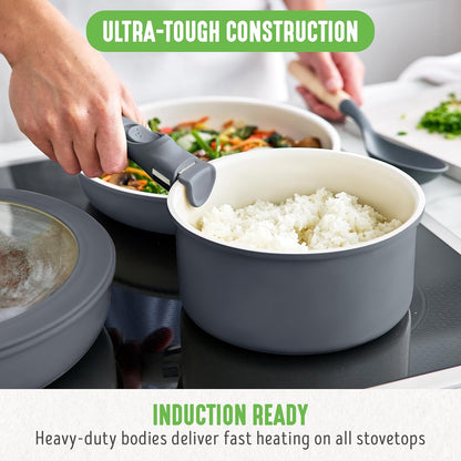 10 Piece Nonstick Pots & Pans Set, Detachable Handle & Stackable Cookware Set, Non Toxic Pfas-Free Skillets, Induction Kitchen Pans, Space Saving, Serving Bowls, Oven Safe, Graphite7