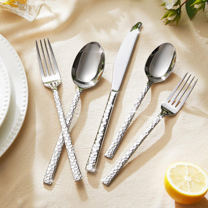 20 Piece Hammered Silverware Set, 18/10 Stainless Steel Flatware Set for 4 |  Mirror Polished Knives Forks Spoons Utensils, Cutlery Set for Home, Party, Wedding, Housewarming, Dishwasher Safe7