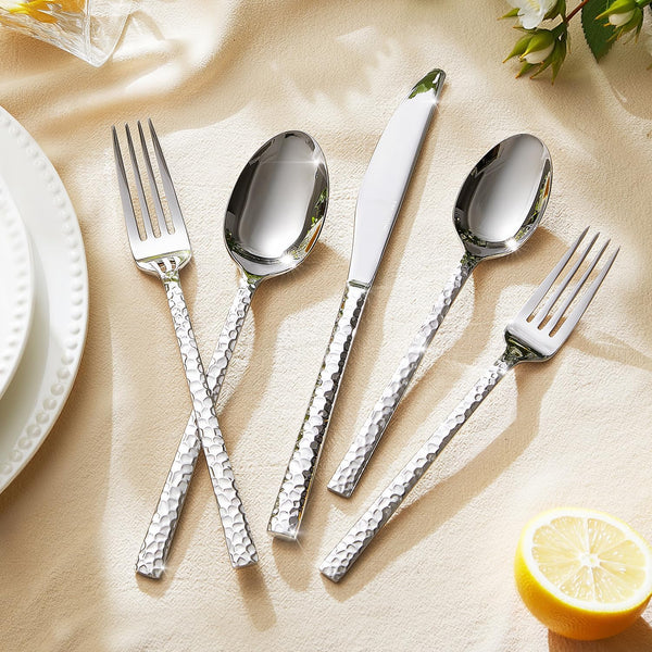 20 Piece Hammered Silverware Set, 18/10 Stainless Steel Flatware Set for 4 |  Mirror Polished Knives Forks Spoons Utensils, Cutlery Set for Home, Party, Wedding, Housewarming, Dishwasher Safe7