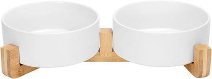 SPUNKYJUNKY Ceramic Dog and Cat Bowl with Wood Stand Non-Slip Matte Glaze Weighted Food Water Set for Cats &Small Dogs 13.5OZ16