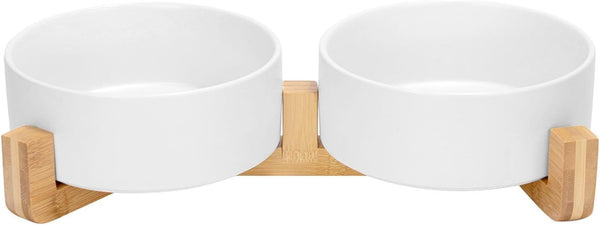 SPUNKYJUNKY Ceramic Dog and Cat Bowl with Wood Stand Non-Slip Matte Glaze Weighted Food Water Set for Cats &Small Dogs 13.5OZ16