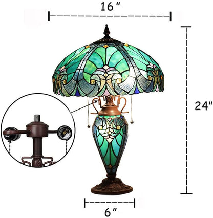 Tiffany Lamp 16" Cyan Green Stained Glass Table Lamp for Living Room | 3-Lights Victorian Style Turquoise Nightstand Bedside Desk Lamp with Nightlight for Bedroom Office W16" X H23"9