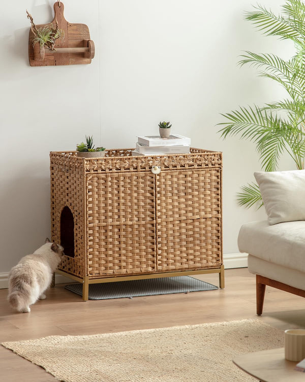 SETVSON Cat Litter Box Enclosure Furniture, Rattan PE Kitty House, Natural | Handwoven PE Rattan with 2 Soft Mats, Heightened Metal Feet, 2 S-Hooks, 30.3 X 18.3 X 28 in Spacious Interior Kitty Cabinet2