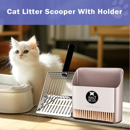 Cat Litter Scooper with Holder, Metal Litter Scoop Includes Portable Small Broom and Dustpan Set, Heavy Duty Stainless Steel Litter Scoop with Coarse and Fine Grid, Quick Sift and Easy Clean2