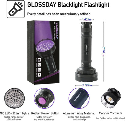 GLOSSDAY UV Flashlight Black Light, 100 LED Black Light Flashlight for Dog/Cat Pet Detector, Scorpions Finder6