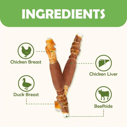 MON2SUN Dog Treats, 5 Inch Triple Flavor Wrapped Rawhide Sticks, 21.16 Oz | 30 Count Pack, Chicken Liver, Duck and Chicken Recipe, Long-Lasting Chew, Support Dental Health, for Small and Medium Dogs3