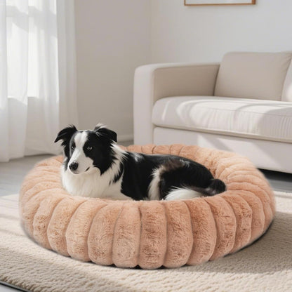 Donut Dog and Cat Bed, Luxurious Comfortable Faux Rabbit Fur Pet Beds, round Anti-Anxiety Calming Puppy Kitten Bed with Anti-Slip Bottom for Small Medium Dogs & Cats(20", White)11
