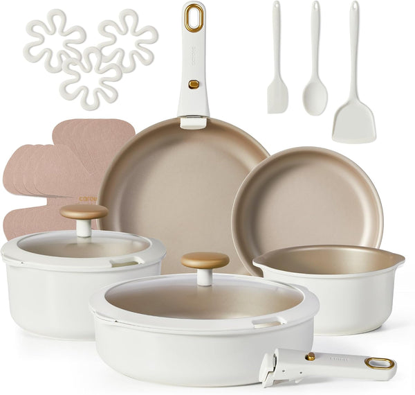 19 Pcs Pots and Pans Set, Nonstick Cookware Sets with Detachable Handle, Oven Safe, Cookware Non Stick Cooking Set W/Frying Pans & Saucepans White(Pfos, PFOA Free)1
