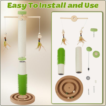 Cat Scratching Post, 26" Tall Scratch Post with Hanging Toy for Indoor Cats | Sisal Cat Scratcher Post with Grooming Brush, Double-Layer Interactive Wooden Ball Track, for Small Cats and Kittens Play9