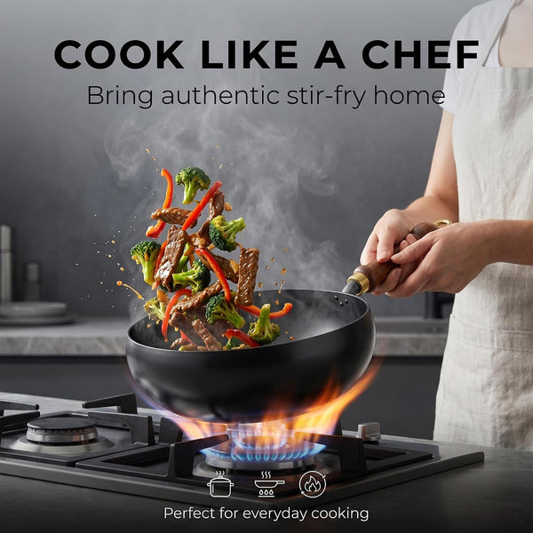 Cast Iron Wok Japanese Cookware with Lid Pan Cooking Thick Soup Hand Hammered Frying Pot Hotpot Mini Small Asian Non-Stick Upgraded Sauce Steel Carbon Deep Enamel Skillet(Glass Lid,11In)2