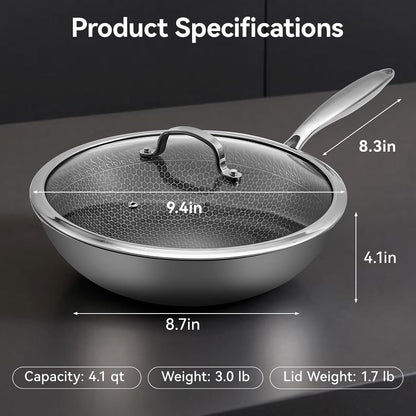 12.2 Inch Stainless Steel Honeycomb Wok Pan with Glass Lid, 3-Ply 18/10 Stainless Steel Stir Fry Pan, Flat Bottom Wok for Induction, Gas, Electric and Glass Stoves, 4.2 QT8