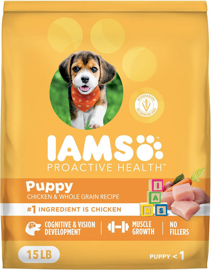 IAMS Proactive Health Puppy Dry Dog Food, Chicken & Whole Grain, 15 Lb | Real Chicken #1 Ingredient, Vet-Recommended, Omega-3 DHA for Cognitive & Vision Development, Calcium for Bones & Joints1