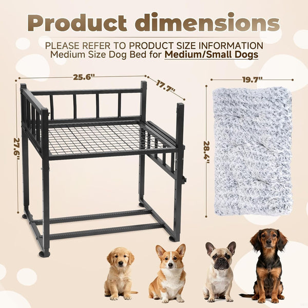 Beside Dog Bed and Mattress Set - Metal Three-Sided Fence Pet Dogs Bed Frame, Adjustable Height Dogs Bed Extension Attachment for Human Bed, for Small/Medium Puppy(25.5''L X 17.7''W)2