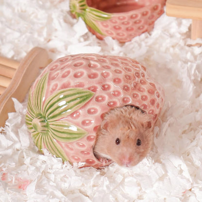 Ceramic Hamster Hideout Strawberry Chew Proof Syrian Hide Cool Bed | Easy to Clean Durable Ceramic Guinea Pig House, Good Hiding Hut Cave for Gerbil, Mice, Rat All Season，Cute Pink Habitat Decor1