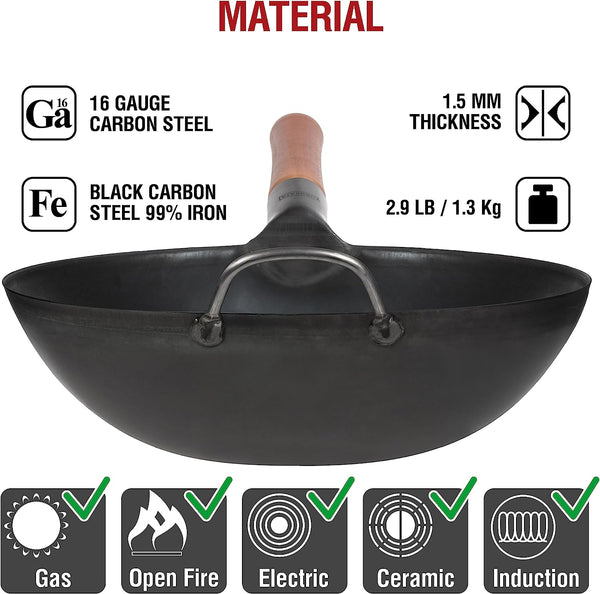 Carbon Steel 11.8" Stir Fry Wok Pan - Pre-Seasoned Chinese Wok with Flat Bottom, Black Wok for Induction Gas Stovetops + 17" Wok Spatula and Ladle and Turner Spatula - Stainless Stee4
