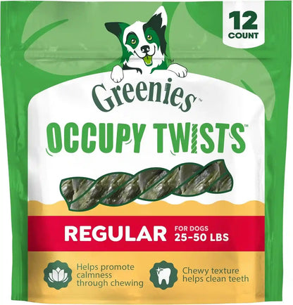 Greenies Occupy Twists Regular Breed Dog Treats, Chicken Flavor, 6 Count | Regular Breed Size (25-50 Lbs), Rawhide-Free, Promotes Calmness, Cleans Teeth, No Artificial Flavors, 8.65 Oz. Pack12