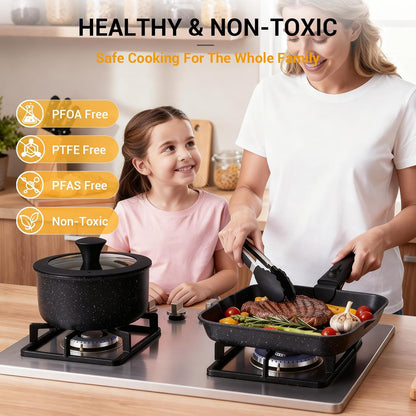 21 Pcs Pots and Pans Set Non Stick with Detachable Handle & Grill Pan, Induction Ceramic Cookware Set, Non Toxic Kitchen Pots and Pans Set for Rvs,Camping, Oven/Dishwasher Safe, Black4