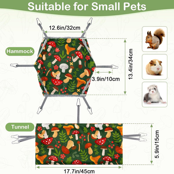 Bienbee 2 Pcs Ferret Rat Hammock Set for Cage Washable Guinea Pig Hideout Bed Soft Small Animal Hammock Tunnel Toys Ferret Cage Accessories for Hedgehog Sugar Glider Squirrel Hamster, Green Mushroom5