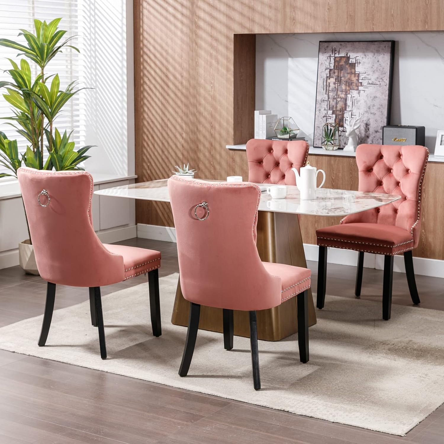pink-velvet-dining-chairs-set-of-6-tufted-back-with-ring-pull-nailhead-trim-padded-seat-and-back-solid-wood-legs-armless-design-modern-style-dining-room-kitchen-or-restaurant
