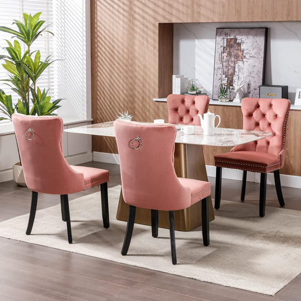 Pink Velvet Dining Chairs Set of 6, Tufted Back with Ring Pull | Nailhead Trim; Padded Seat and Back; Solid Wood Legs; Armless Design; Modern Style; Dining Room, Kitchen or Restaurant；2
