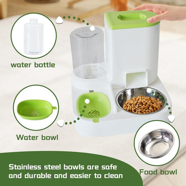 2 in 1 Automatic Cat Feeder & Water Dispenser,Gravity Pet Feeder Stainless Steel Food Water Bowl All-In-One Large Capacity Self Feeding for Cats Dogs Small Medium Pets(Green)6